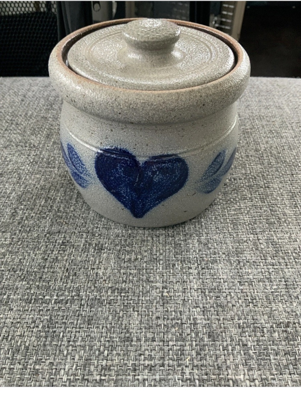 Rowe Pottery Works 1989 Blue Heart crock lid Canister Salt Glazed Vtg Country